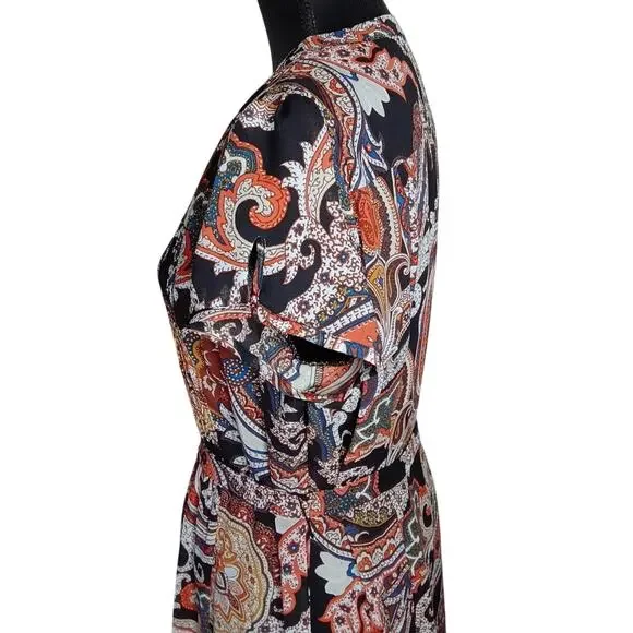 db established 1962 Paisley Tie Waist Pleated Boho Short Sleeve Dress - 14 - Picture 4 of 12
